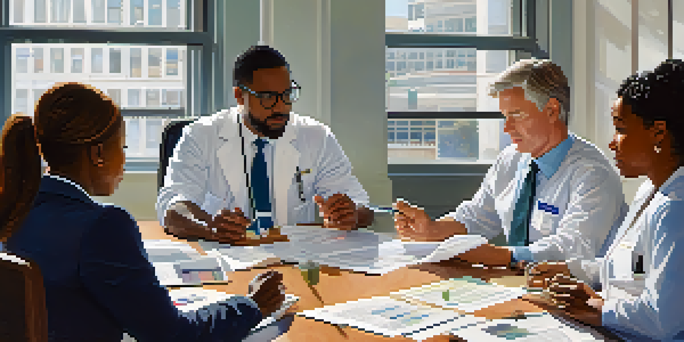 A diverse group of public health officials engaged in a discussion about crisis communication, with documents and devices on the table and natural light from a window.