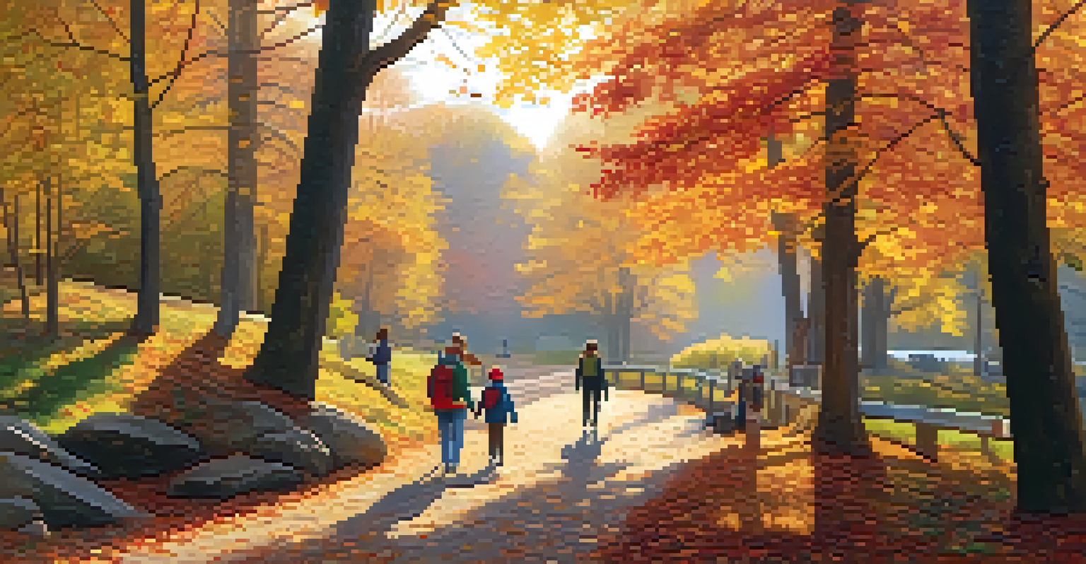 An autumn park scene with families hiking on a trail, colorful leaves falling, and soft sunlight filtering through the trees, creating a peaceful atmosphere.