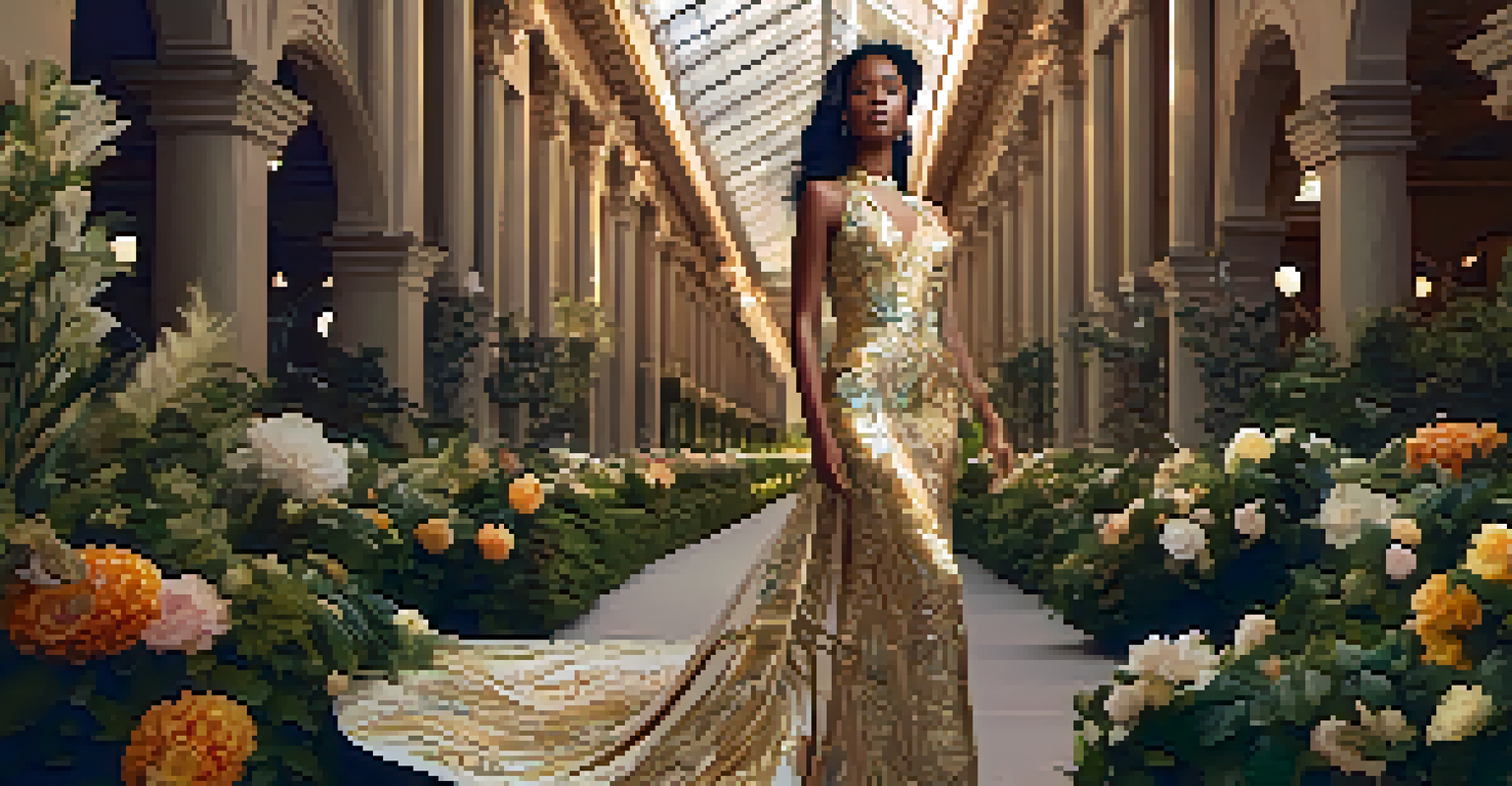 A model wearing a gown made of flowers and leaves in a lush garden, illuminated by soft golden sunlight, showcasing nature-inspired fashion.