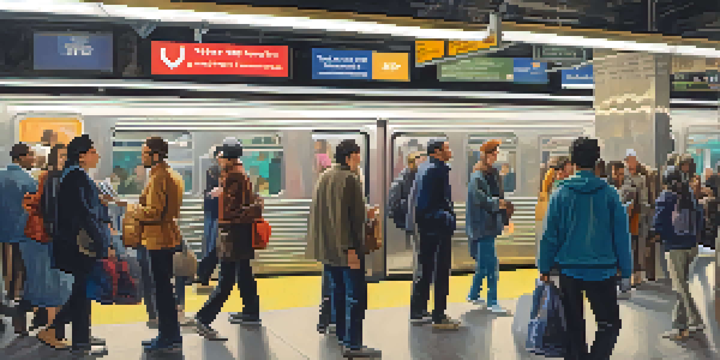 A crowded New York City subway station with diverse commuters, bright lights, and colorful advertisements.