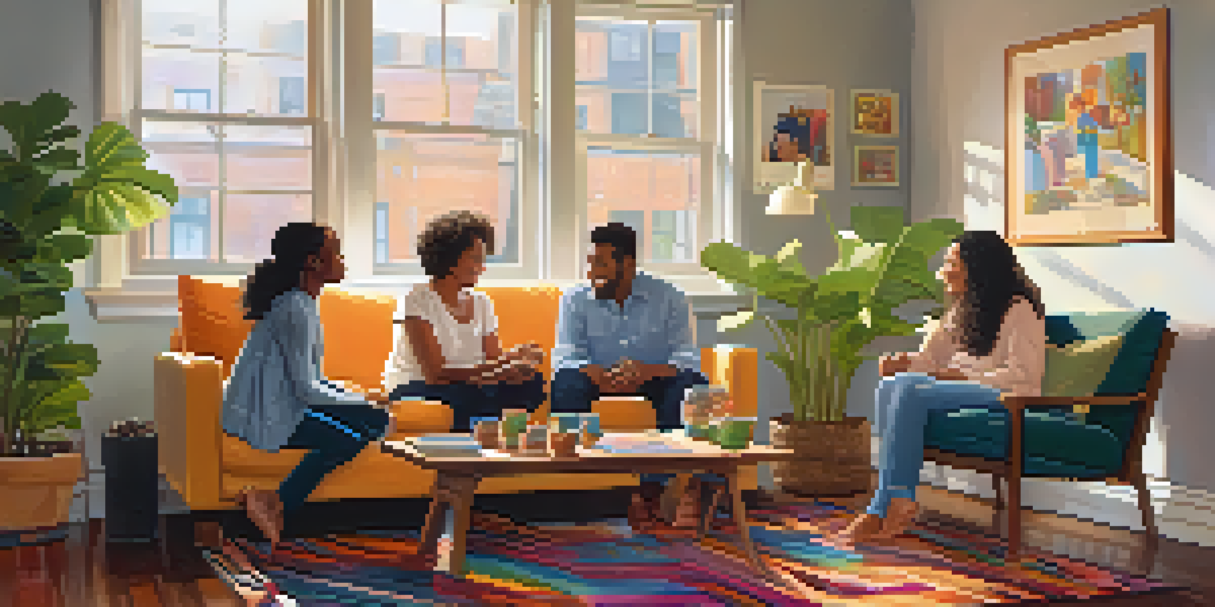 A family sitting together in a cozy living room, with children playing in the background and warm light coming through the windows.