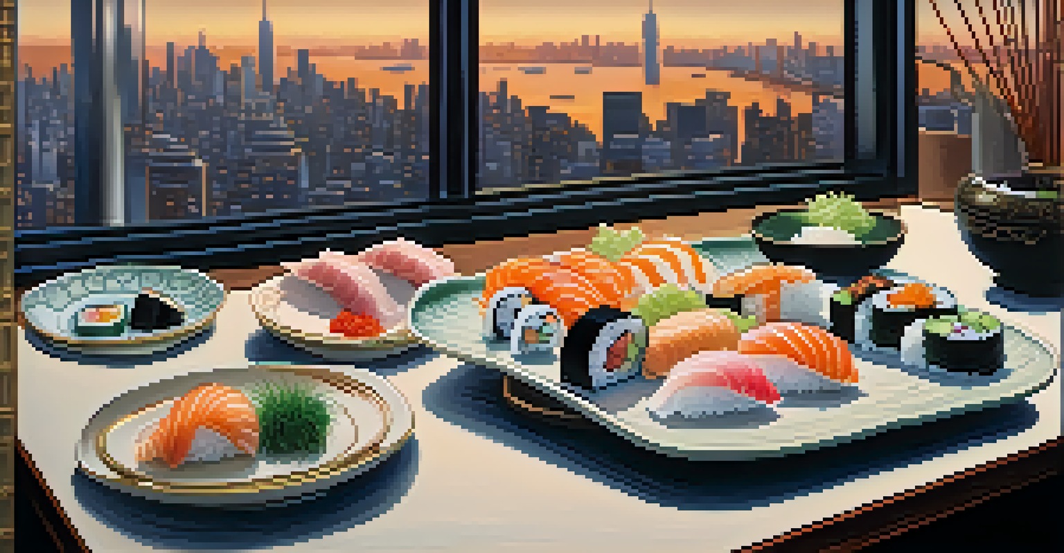 An elegant dining scene featuring a beautifully plated sushi dish in a New York City restaurant with a skyline view.