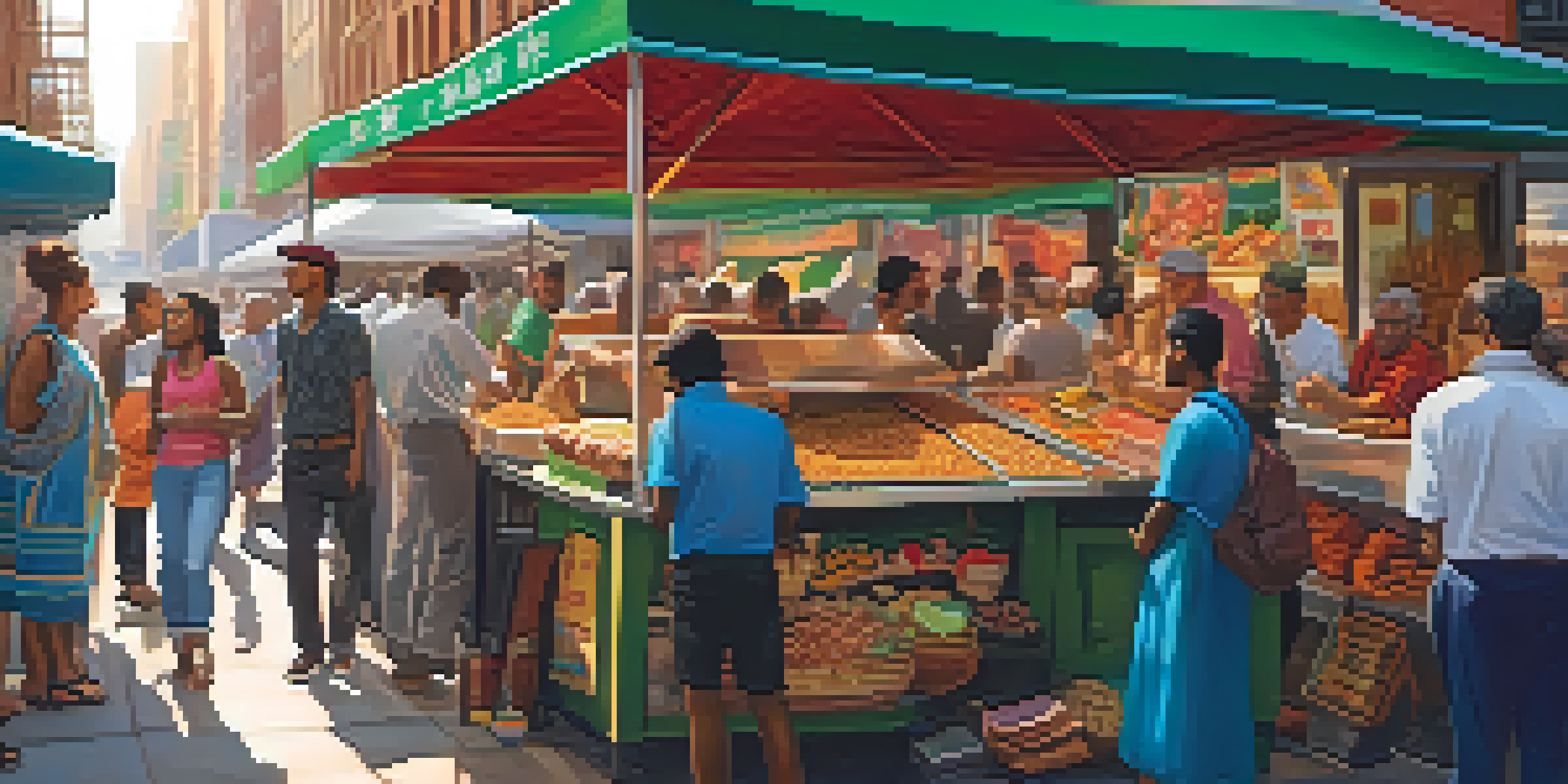 A lively street food market in New York City with diverse immigrants enjoying various international cuisines under warm sunlight.