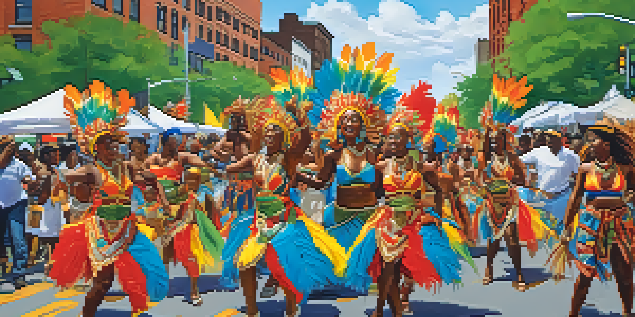 A lively West Indian Day Parade in Brooklyn featuring a diverse crowd in colorful costumes, food stalls, and musical instruments.