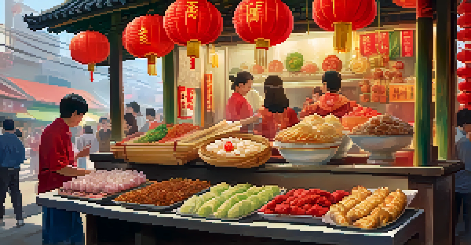 A close-up view of traditional Lunar New Year foods, including dumplings and sticky rice cakes, being served at a vendor stall.