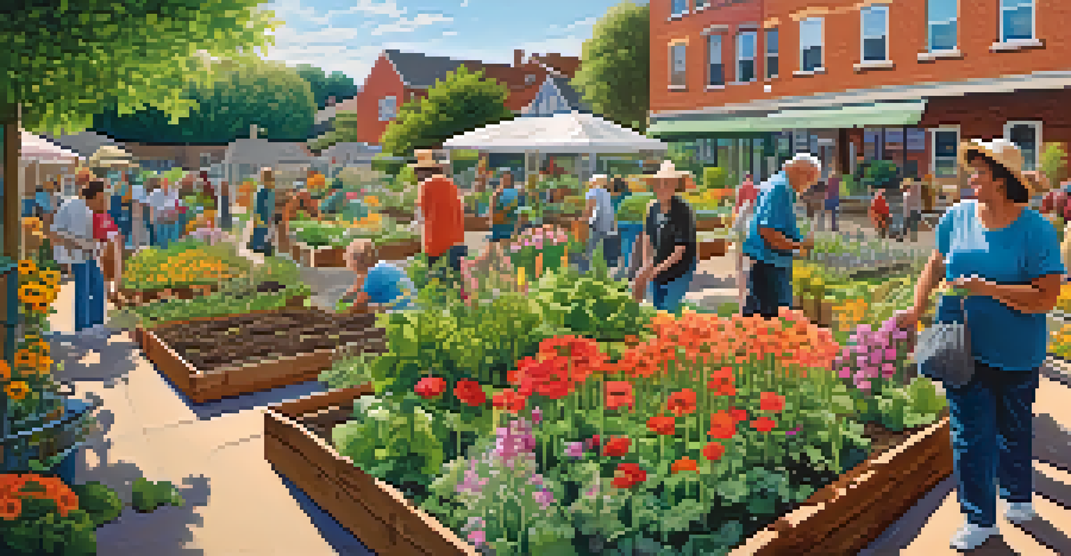 A vibrant community garden with diverse residents planting flowers and vegetables under a clear blue sky, symbolizing community engagement and sustainability.