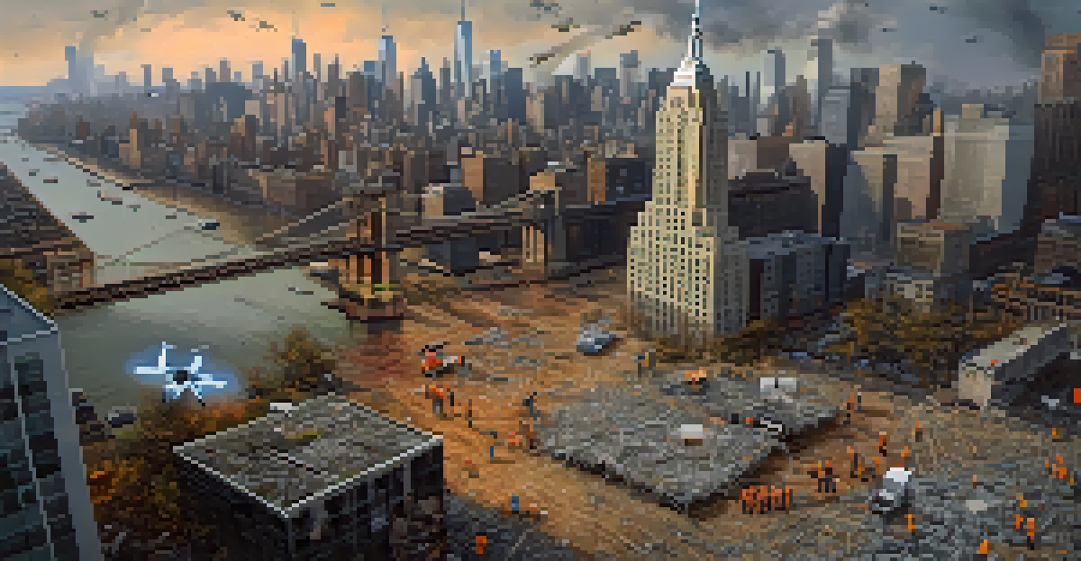 Aerial view of a disaster response team in NYC using drones for reconnaissance in a post-disaster setting, with debris and emergency responders visible.