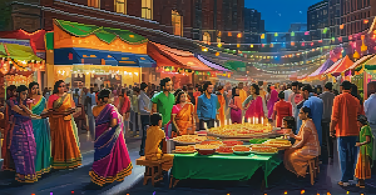 A festive Diwali celebration with bright decorations, families enjoying traditional Indian food, and performers dancing in colorful clothing.