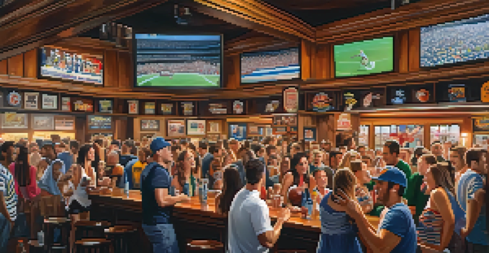 A lively sports bar in NYC filled with enthusiastic fans in jerseys, cheering for their teams, with colorful decorations and bright lights.