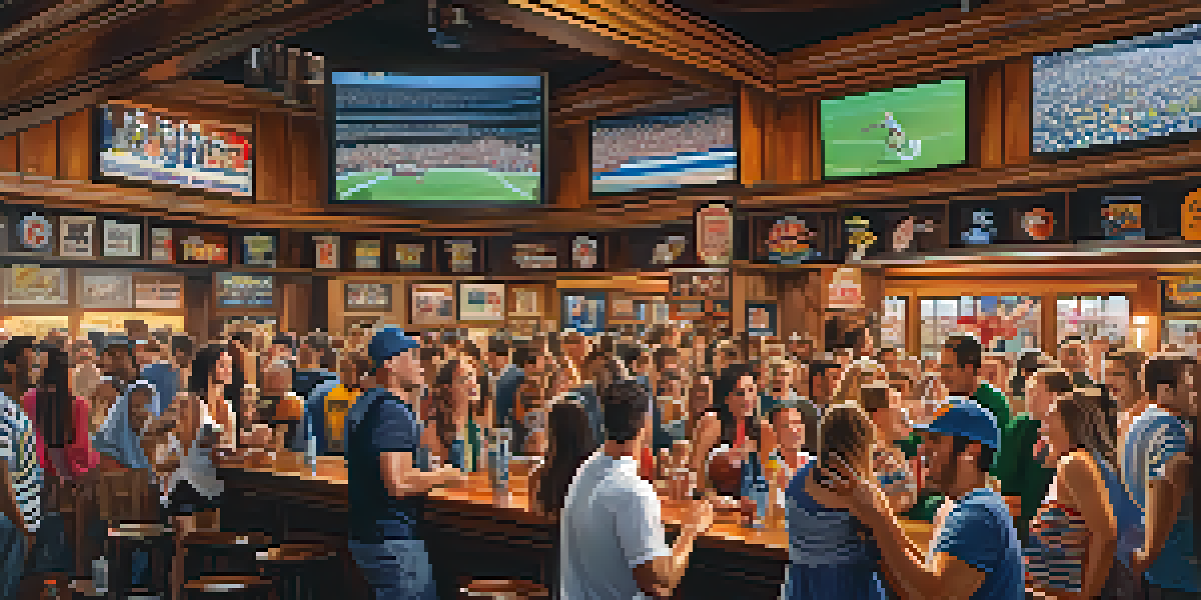 A lively sports bar in NYC filled with enthusiastic fans in jerseys, cheering for their teams, with colorful decorations and bright lights.