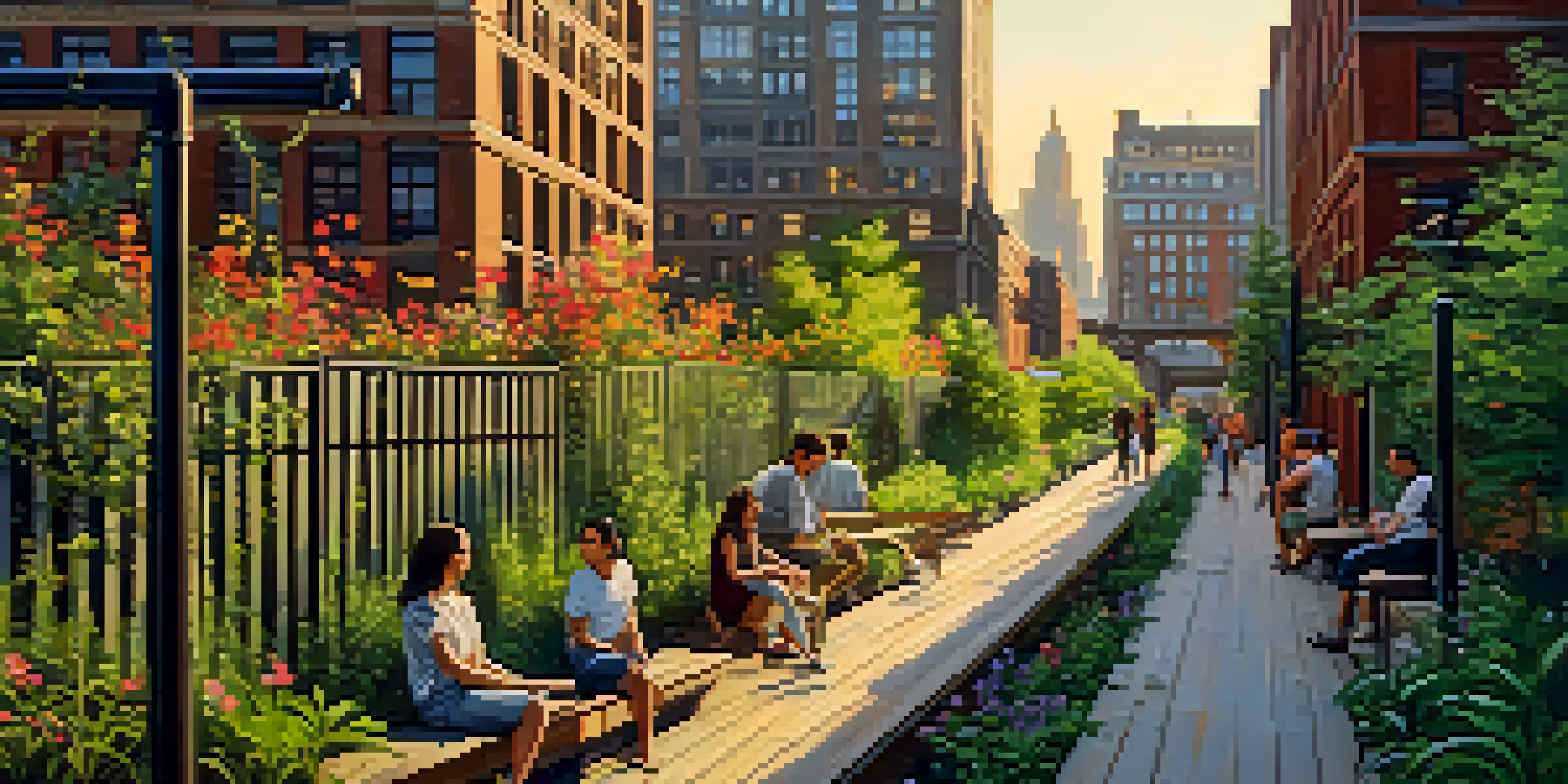 A colorful urban park filled with greenery and people, illuminated by the setting sun, showcasing the transformation of an elevated railway into a public space.