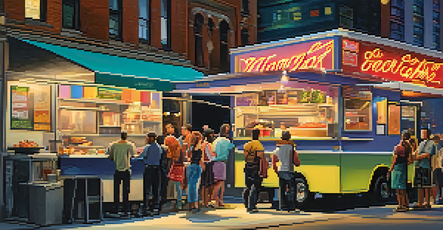 A food truck in New York City serving late-night street food to excited customers.