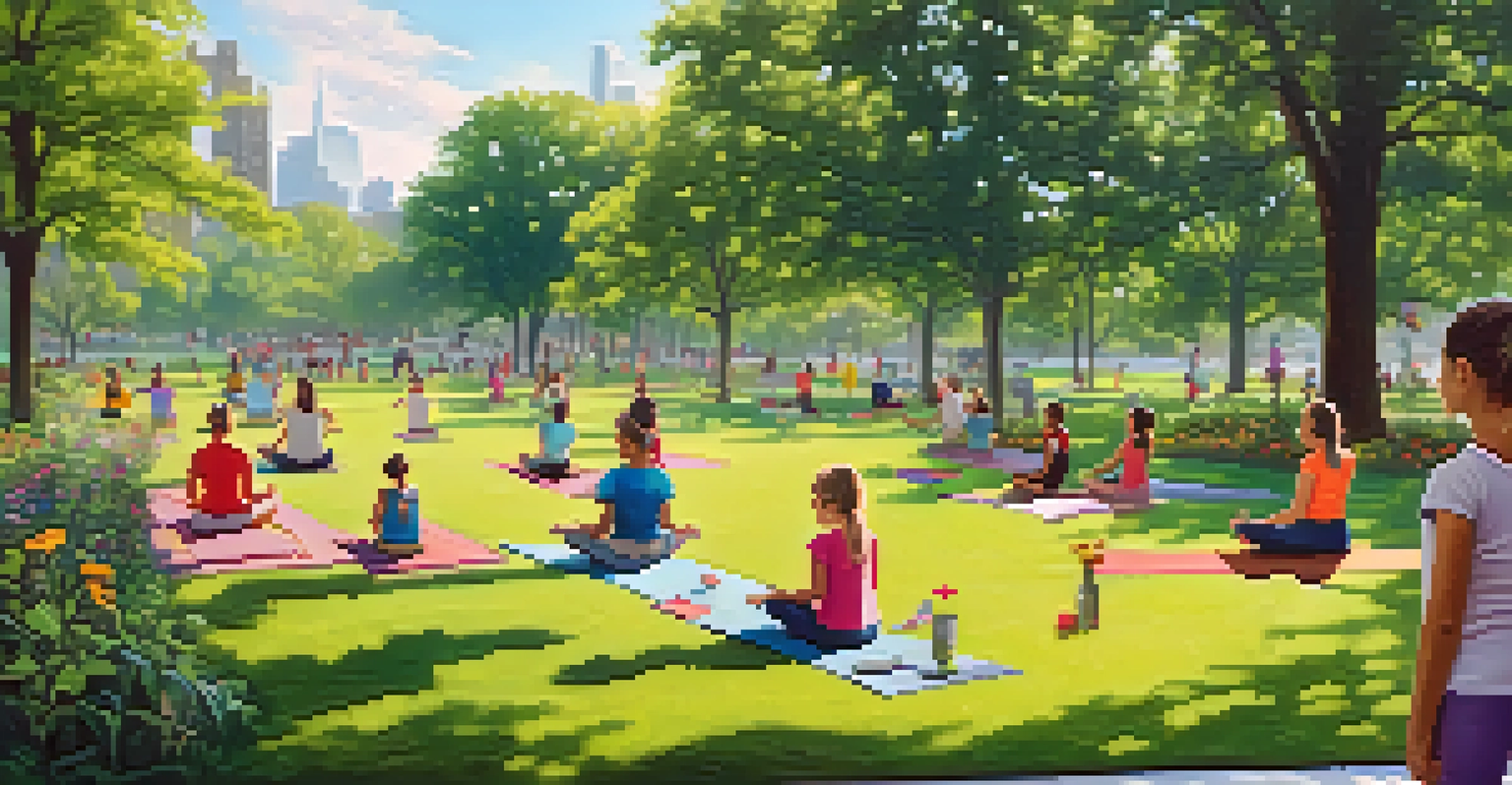 Families enjoying various activities in a green NYC park, with jogging, playing children, and a yoga group, surrounded by flowers.