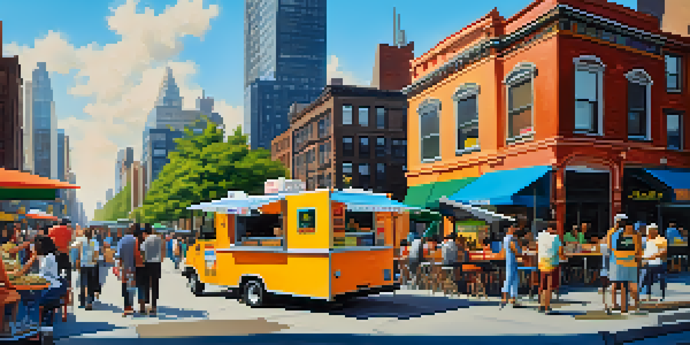 A busy New York City street with various food trucks, including a taco truck and a halal cart, surrounded by diverse people enjoying their meals.