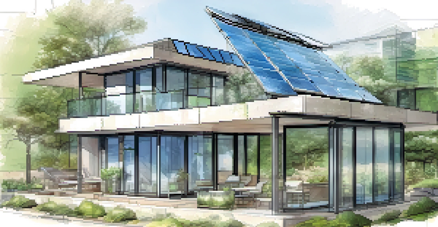 A design sketch of a sustainable building with annotations for green features.