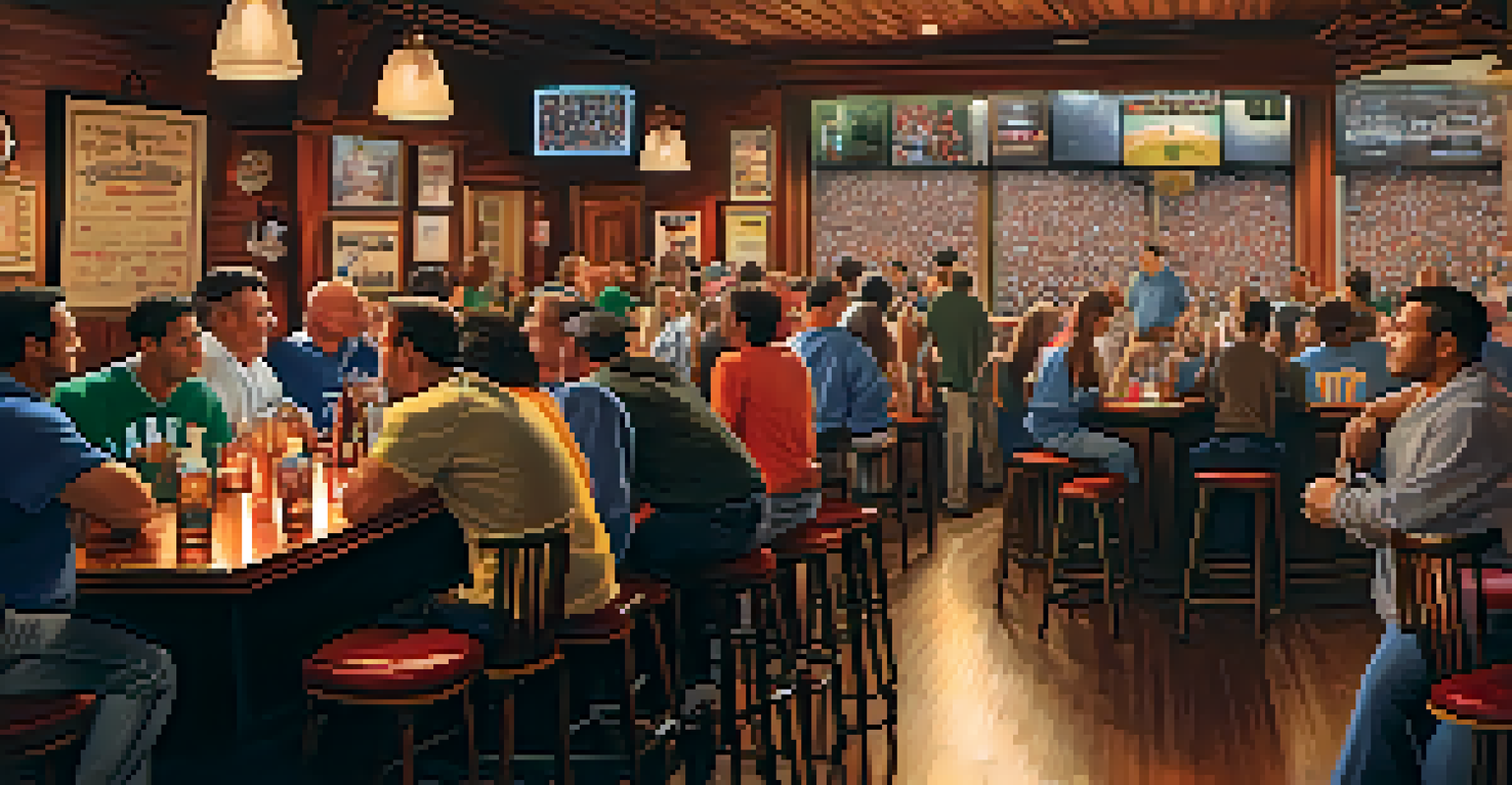 Fans gathered in a cozy local bar, watching a sports rivalry game on a large screen, surrounded by team memorabilia.