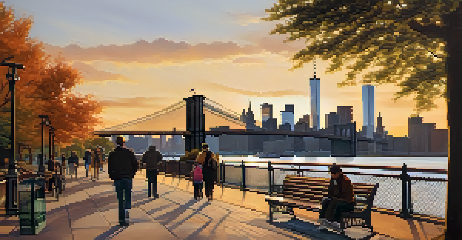 A sunset view of Brooklyn waterfront with the Brooklyn Bridge and Manhattan skyline, featuring people walking along the path.
