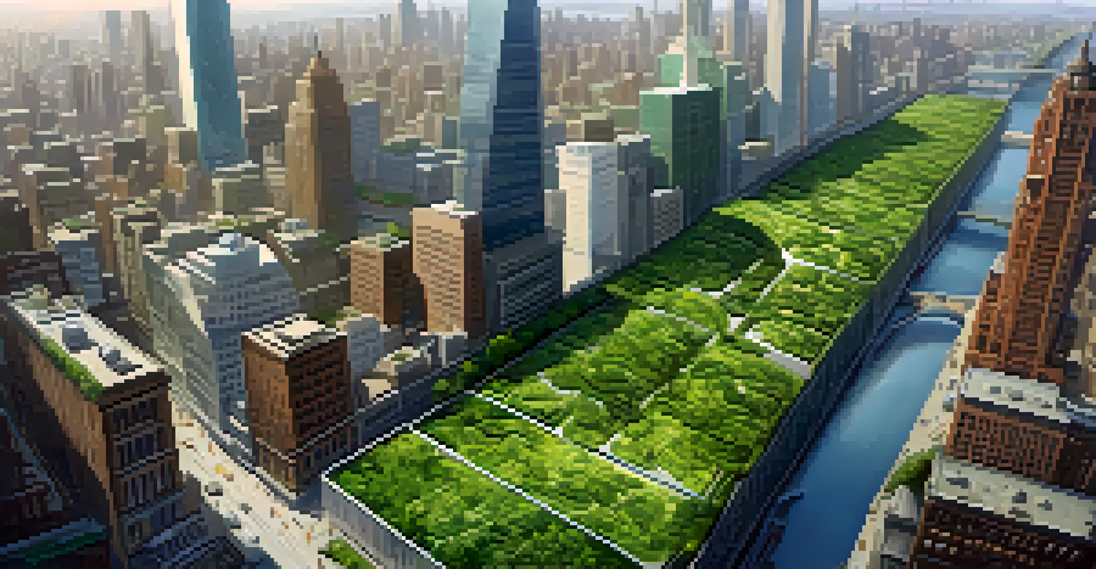 Aerial view of NYC with green roofs and permeable pavements, showcasing the blend of nature and urban design.