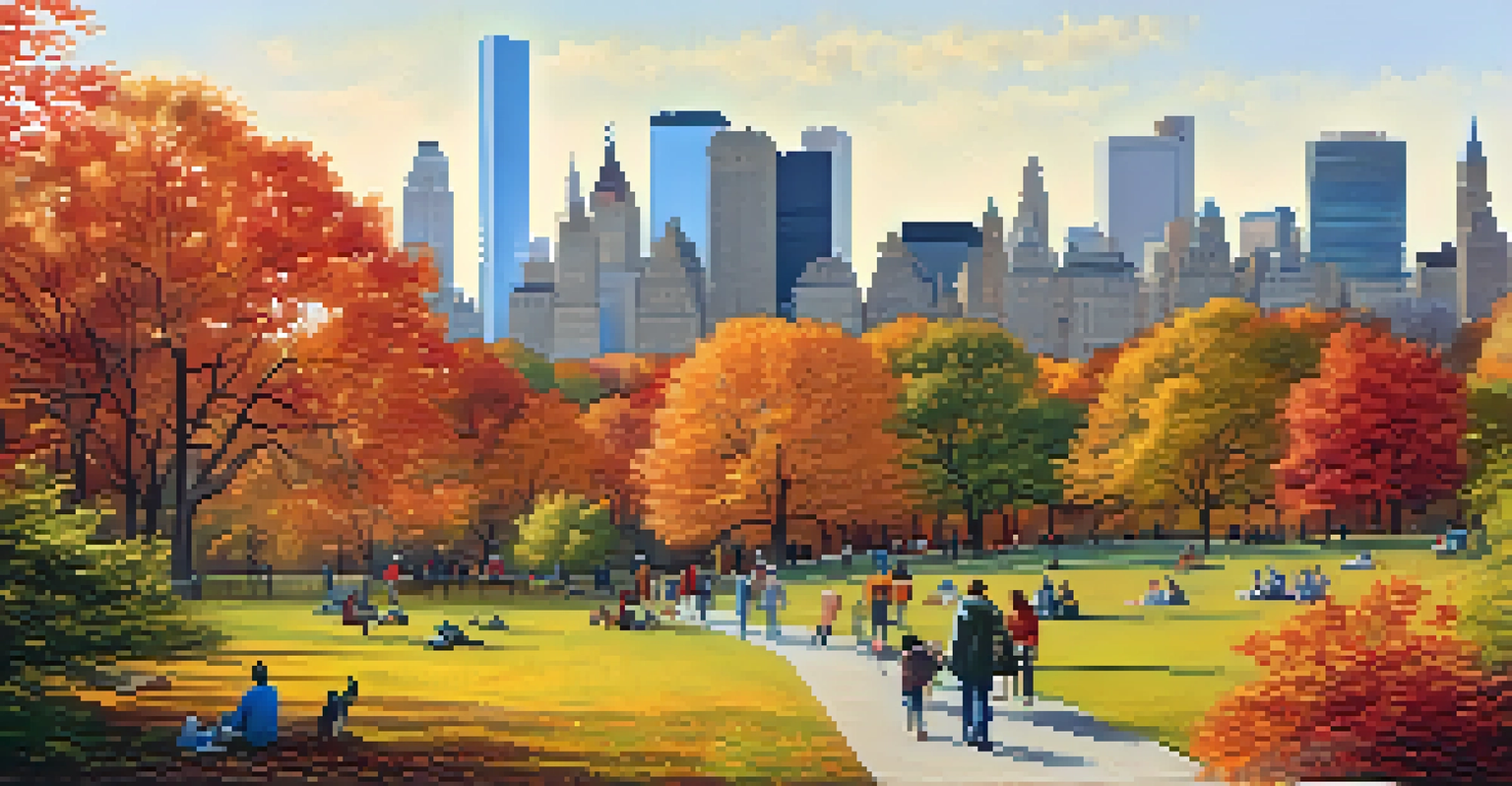 A scenic view of Central Park in autumn with colorful foliage, people enjoying outdoor activities, and the Manhattan skyline in the background.