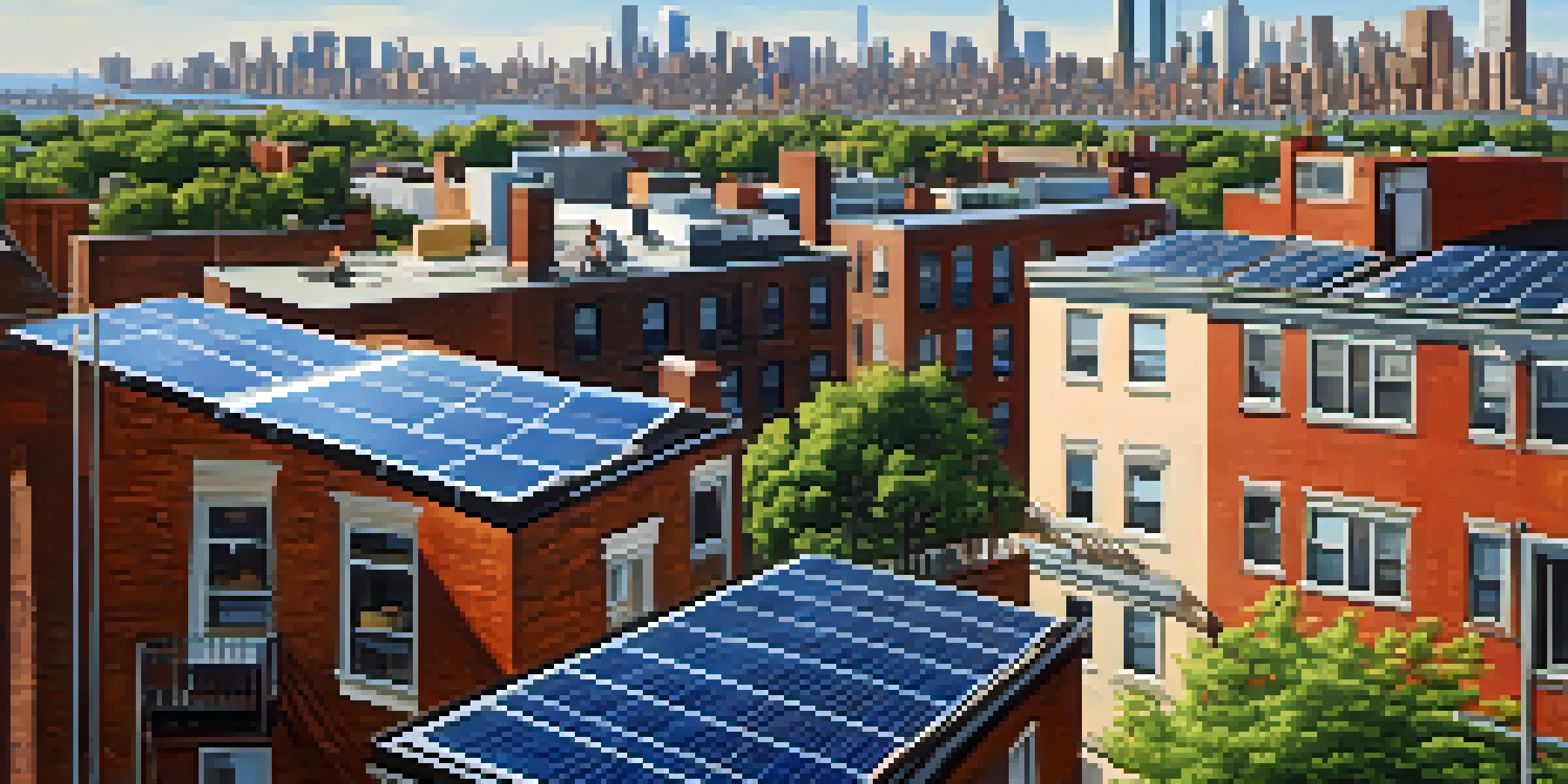 A colorful cityscape of New York City with solar panels on rooftops and people discussing renewable energy.