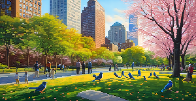 A park in New York City with Eastern Bluebirds and Eastern Gray Squirrels, vibrant flowers, and a sunset behind skyscrapers.