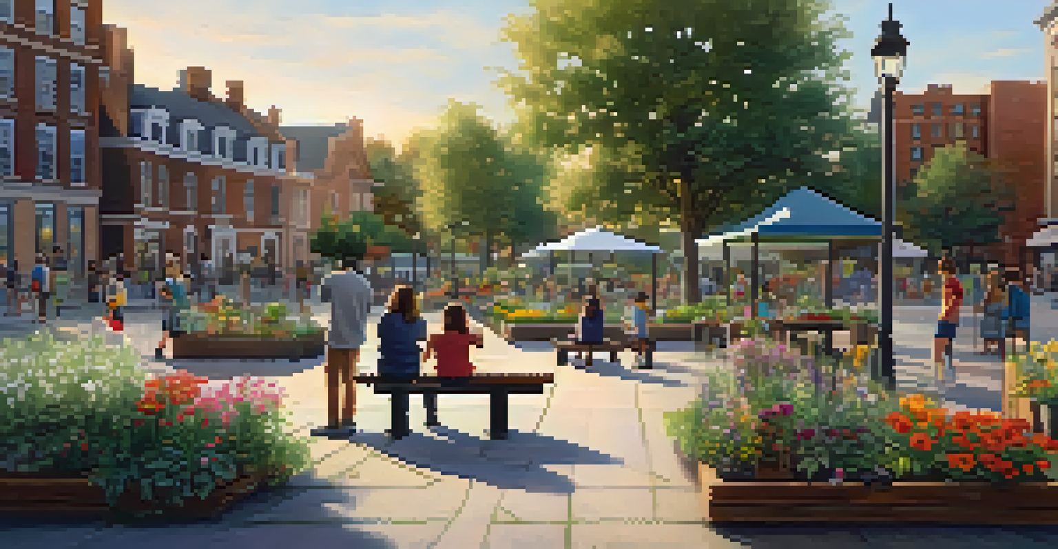 A peaceful public square featuring a community garden, benches, and children playing, illuminated by soft evening light.