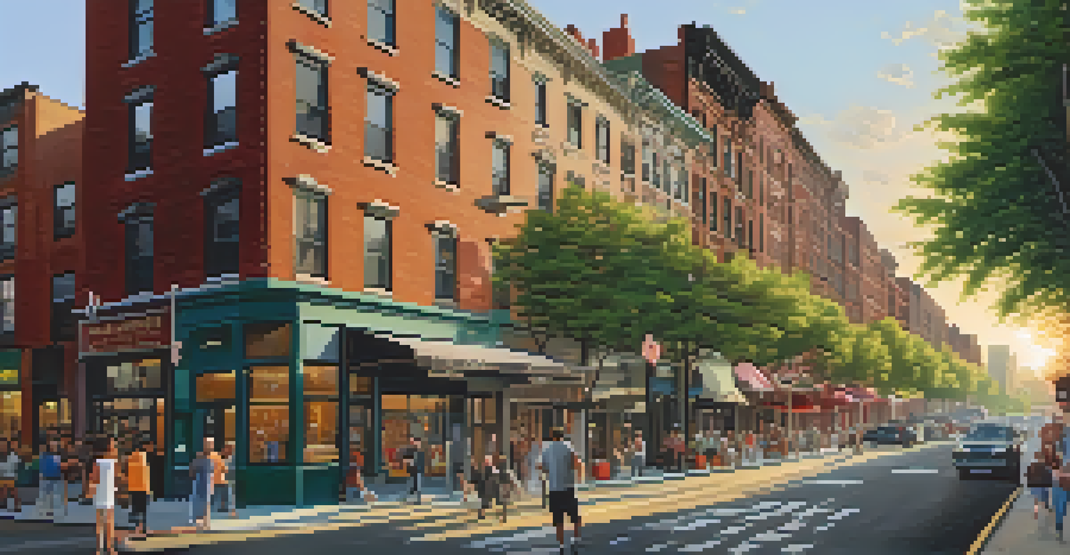 A vibrant street scene in New York City showing a mix of residential and commercial buildings with people and greenery.