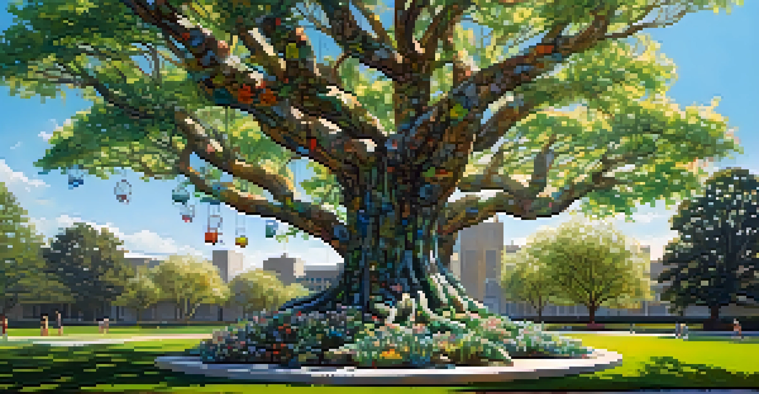 A sculpture of a tree made from recycled materials in a green park with children playing and flowers.