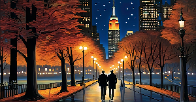 A couple walking in Central Park at night, surrounded by a glowing New York City skyline with the Empire State Building and twinkling stars above.