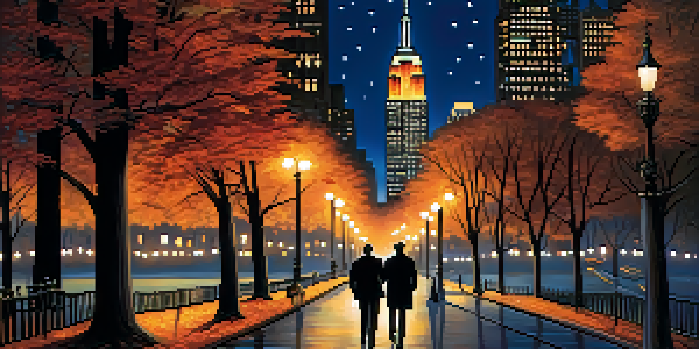 A couple walking in Central Park at night, surrounded by a glowing New York City skyline with the Empire State Building and twinkling stars above.