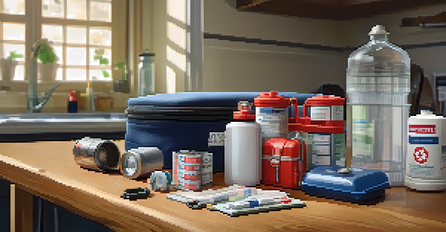 An emergency supply kit on a kitchen table, displaying essential items like a flashlight and first aid supplies in a warm and inviting setting.