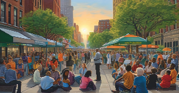 A community meeting in a park in New York City, featuring diverse residents and city officials discussing feedback.