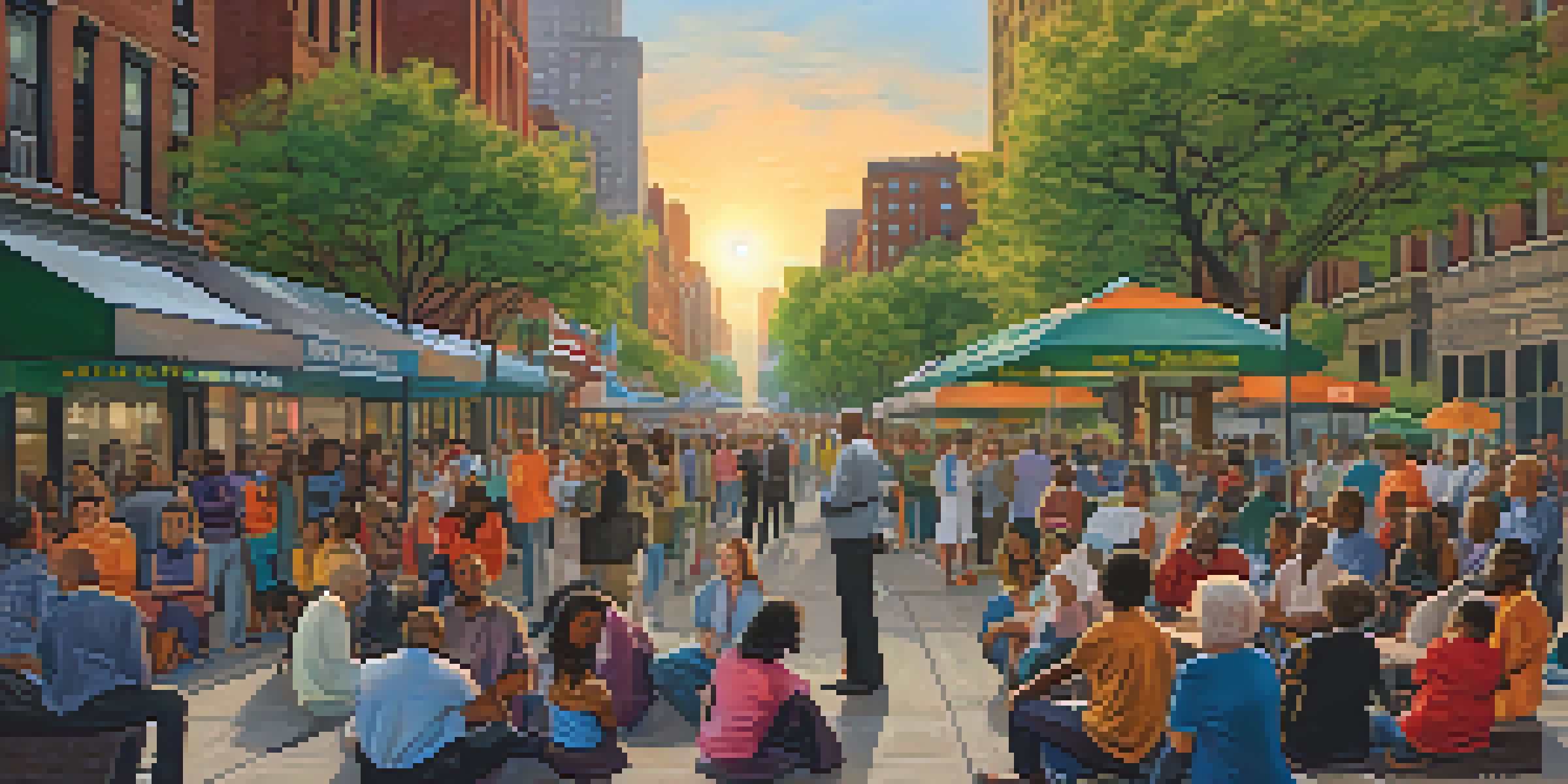 A community meeting in a park in New York City, featuring diverse residents and city officials discussing feedback.