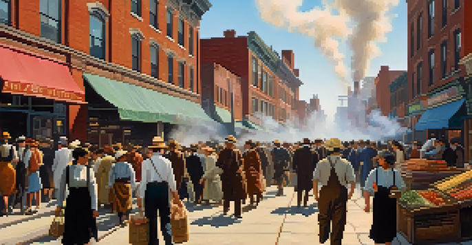 A historical street scene in New York City, filled with immigrant workers and factories, depicting the vibrancy of early 20th-century life.