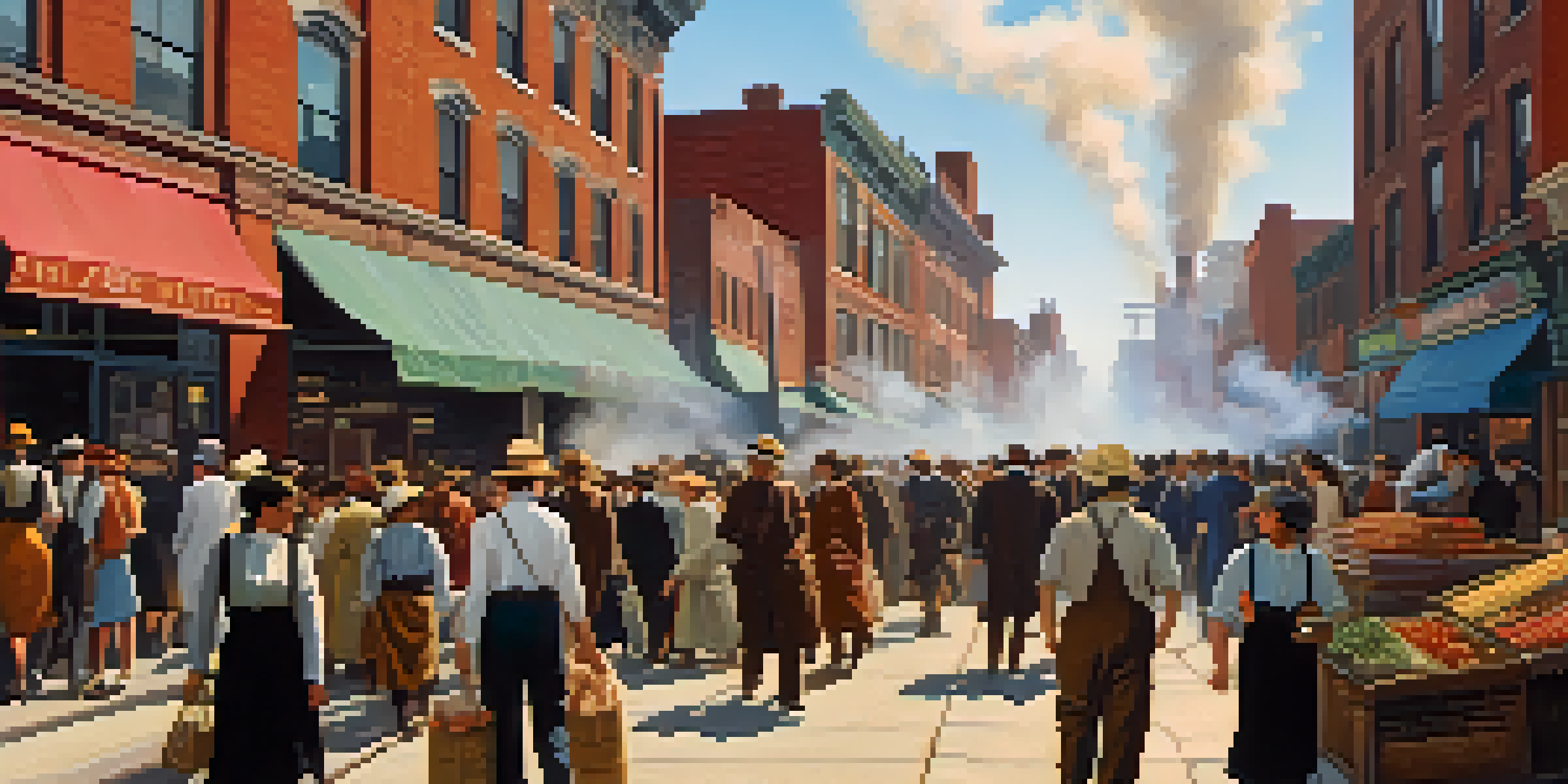 A historical street scene in New York City, filled with immigrant workers and factories, depicting the vibrancy of early 20th-century life.