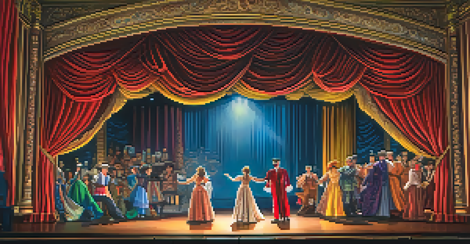 A theater stage with actors in colorful costumes and intricate set designs, showcasing a Broadway performance.