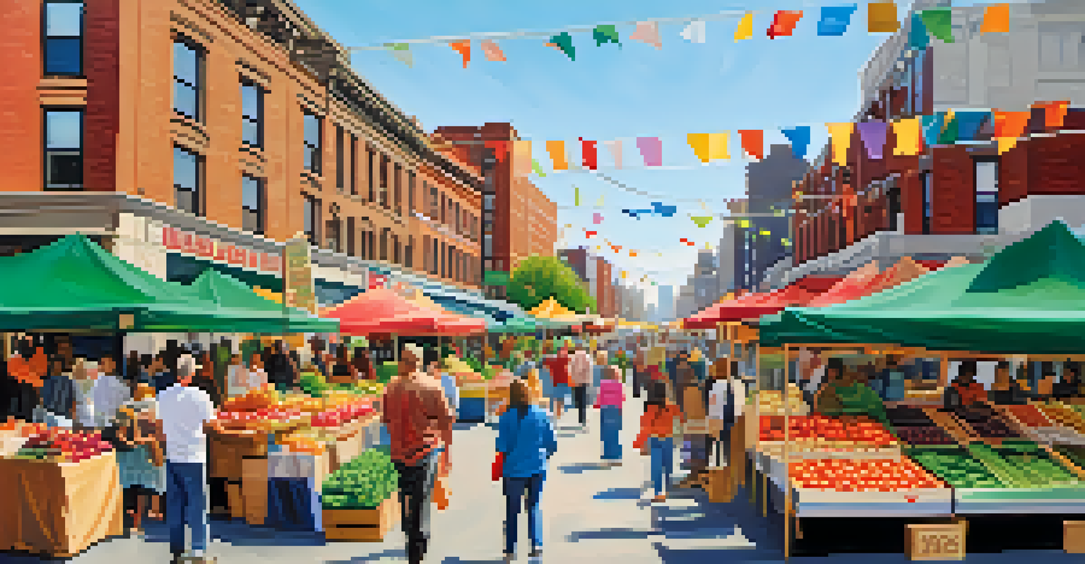 An outdoor community market in NYC filled with local vendors and customers, featuring colorful tents and a festive atmosphere with bright sunlight.