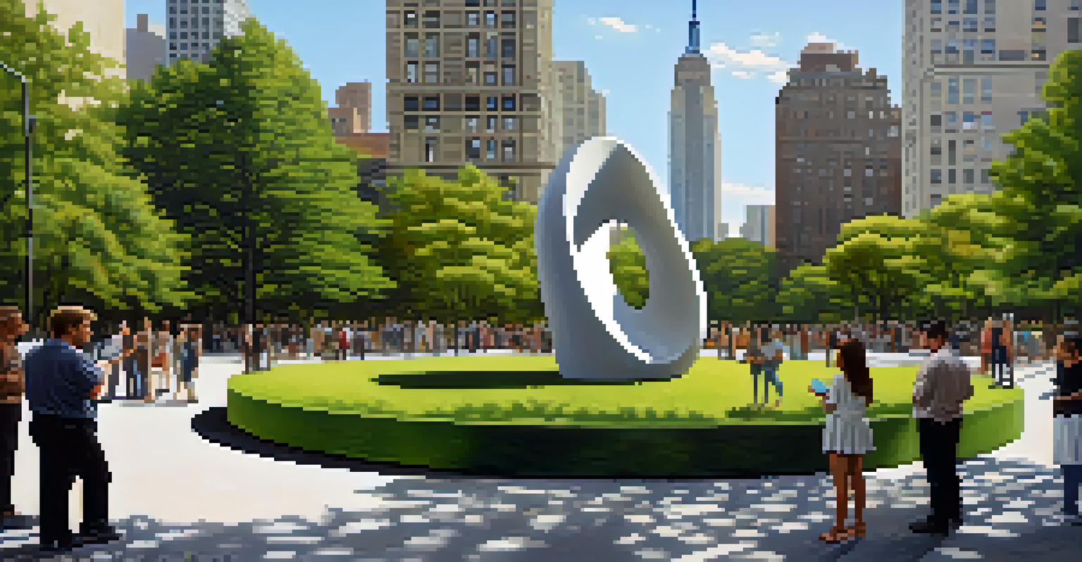 A public art installation in a park in New York City with diverse visitors engaging with the sculptures.