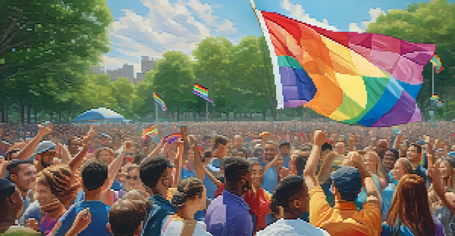 A close-up of a colorful pride flag waving, with blurred figures of diverse people celebrating in a park.
