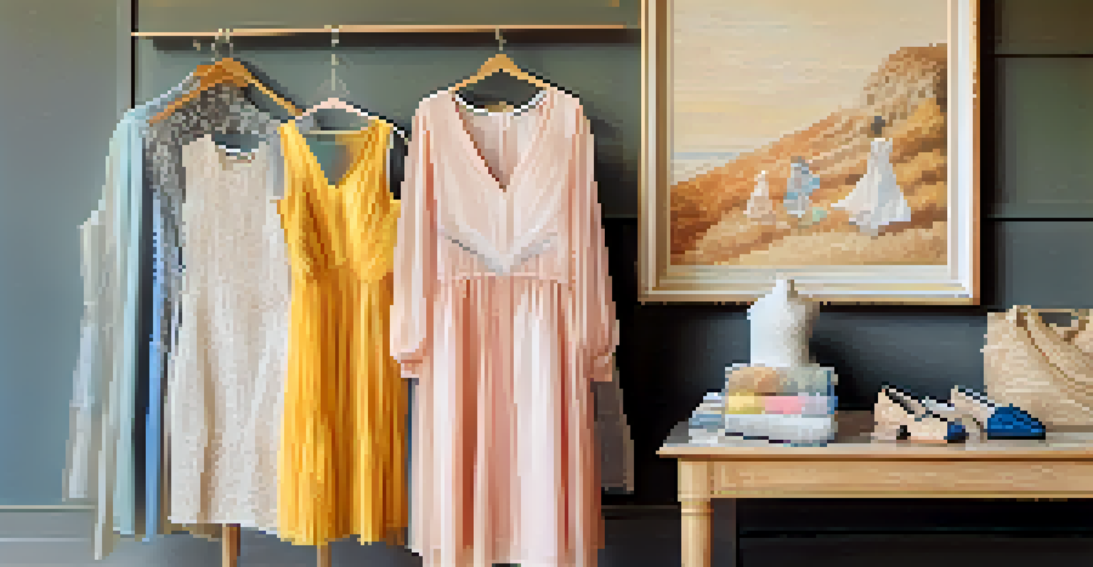 A close-up view of sustainable fashion items including dresses and accessories, showcasing their unique textures and colors against a softly blurred background.