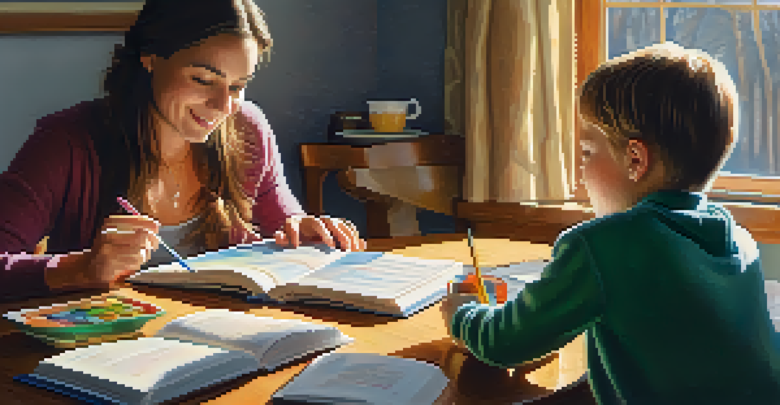 A parent and child closely examining a childcare guidebook at a kitchen table, enjoying a warm and cozy moment together.