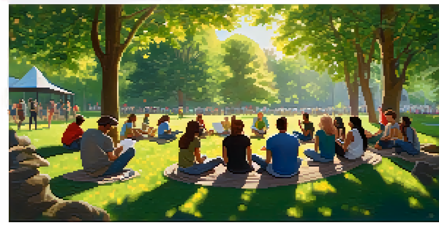 A peaceful park setting with LGBTQ+ youth gathered in a circle for discussion, surrounded by nature and sunlight filtering through trees.