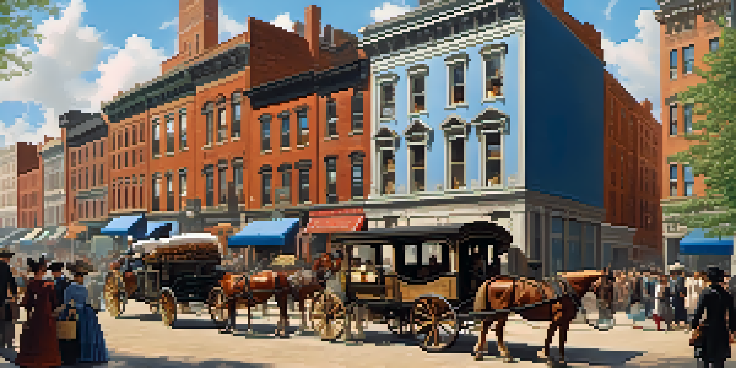 A busy street scene in 19th-century New York City with immigrants and horse-drawn carriages.