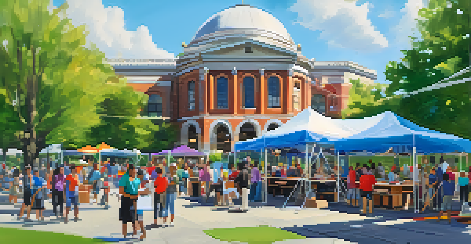 A community cultural festival outside a public library, featuring local artists, food vendors, and families enjoying colorful decorations and green trees.