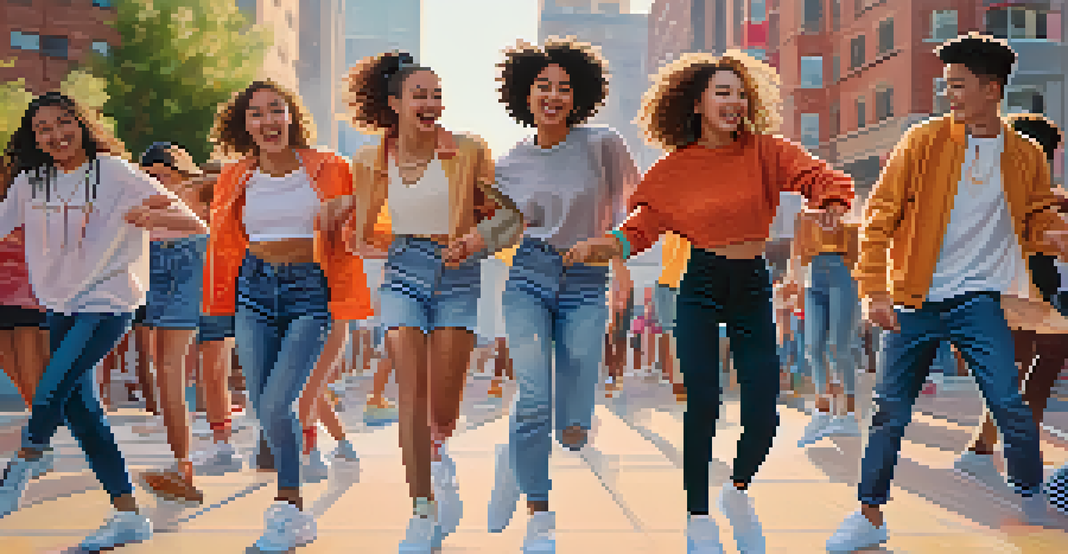 A group of teenagers dancing for a TikTok challenge, displaying their fashionable outfits against a blurred city backdrop.