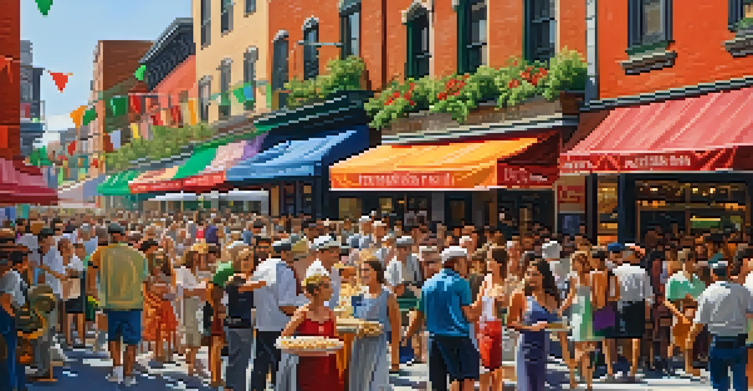 A festive atmosphere in Little Italy, New York, with people enjoying Italian food and music during a vibrant festival.