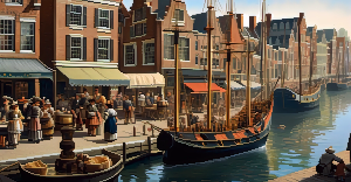 A historical depiction of New Amsterdam's harbor with Dutch ships and traders interacting with indigenous peoples.