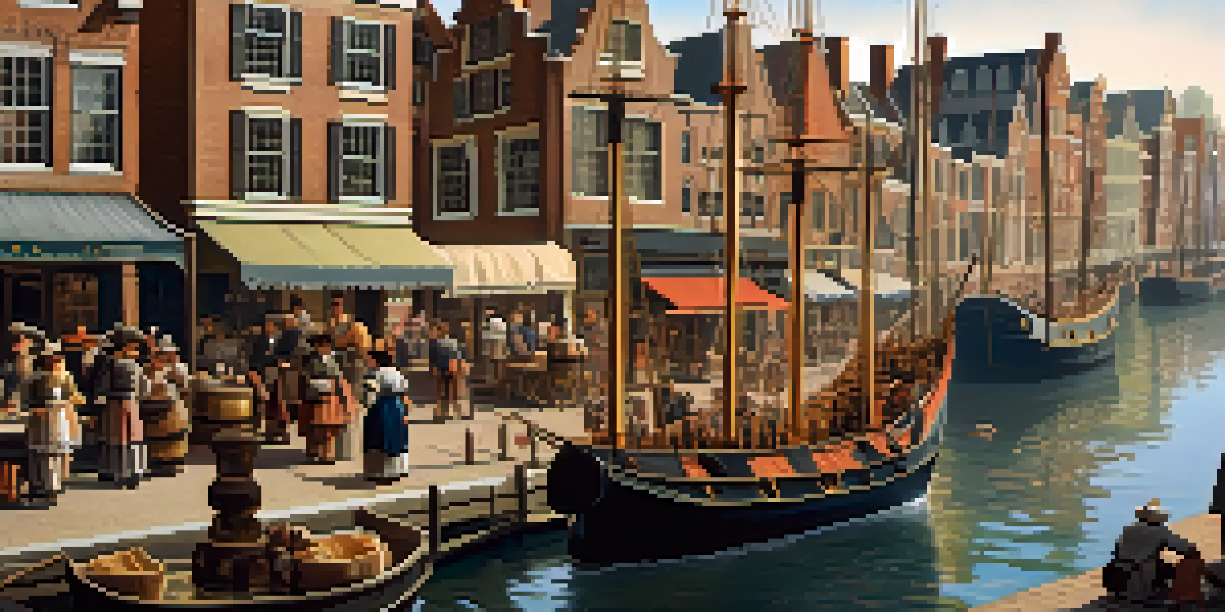 A historical depiction of New Amsterdam's harbor with Dutch ships and traders interacting with indigenous peoples.