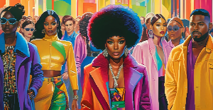 A diverse group of models walking down a runway at New York Fashion Week, showcasing a range of colorful outfits under bright stage lights.