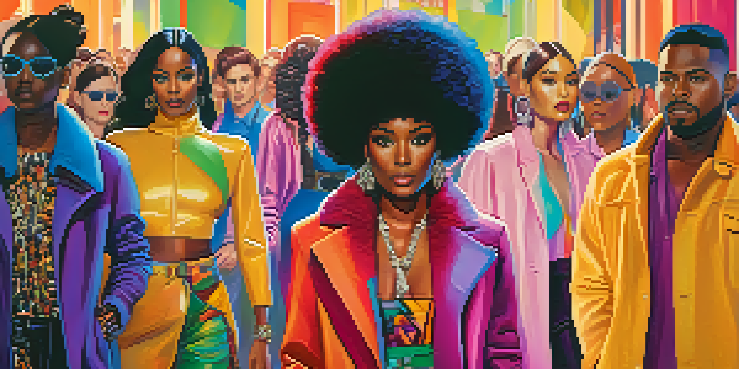A diverse group of models walking down a runway at New York Fashion Week, showcasing a range of colorful outfits under bright stage lights.